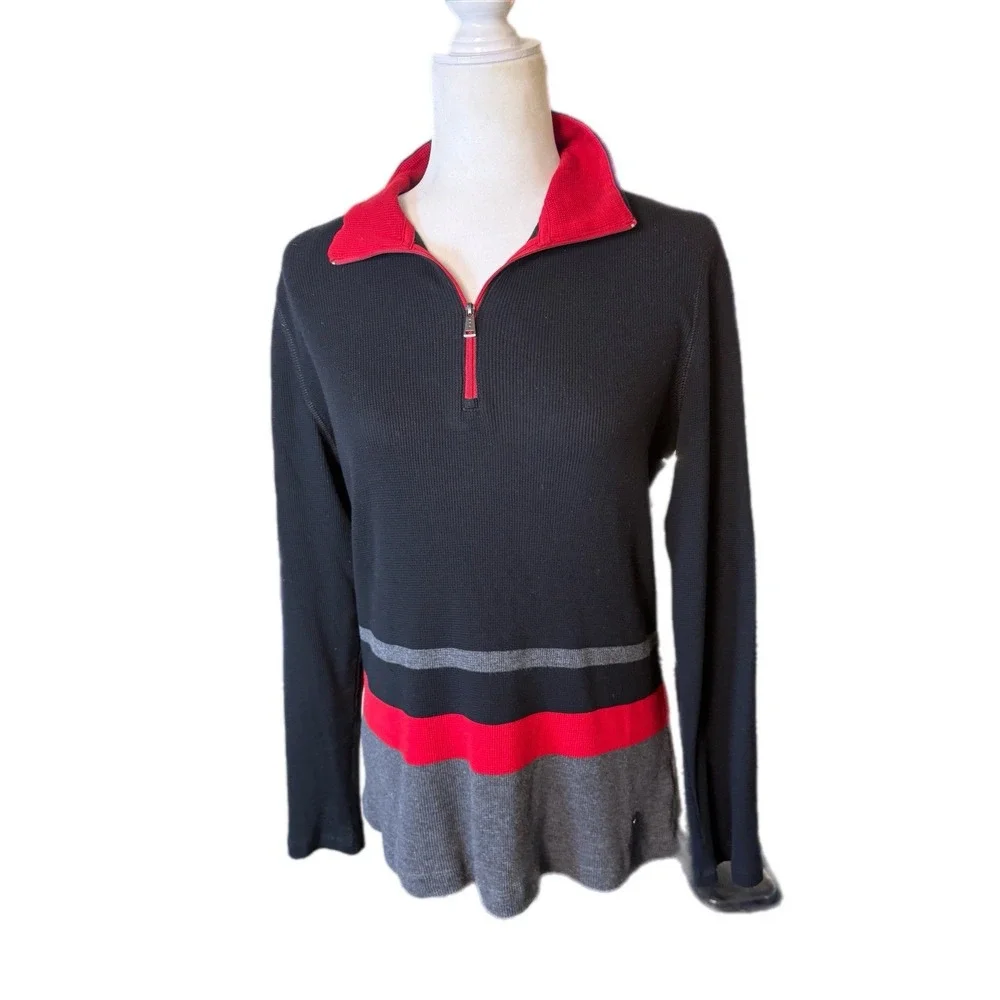 Vintage  Lauren Ralph Lauren Active Large Black  1/4 Zip Striped‎ Preppy Classic